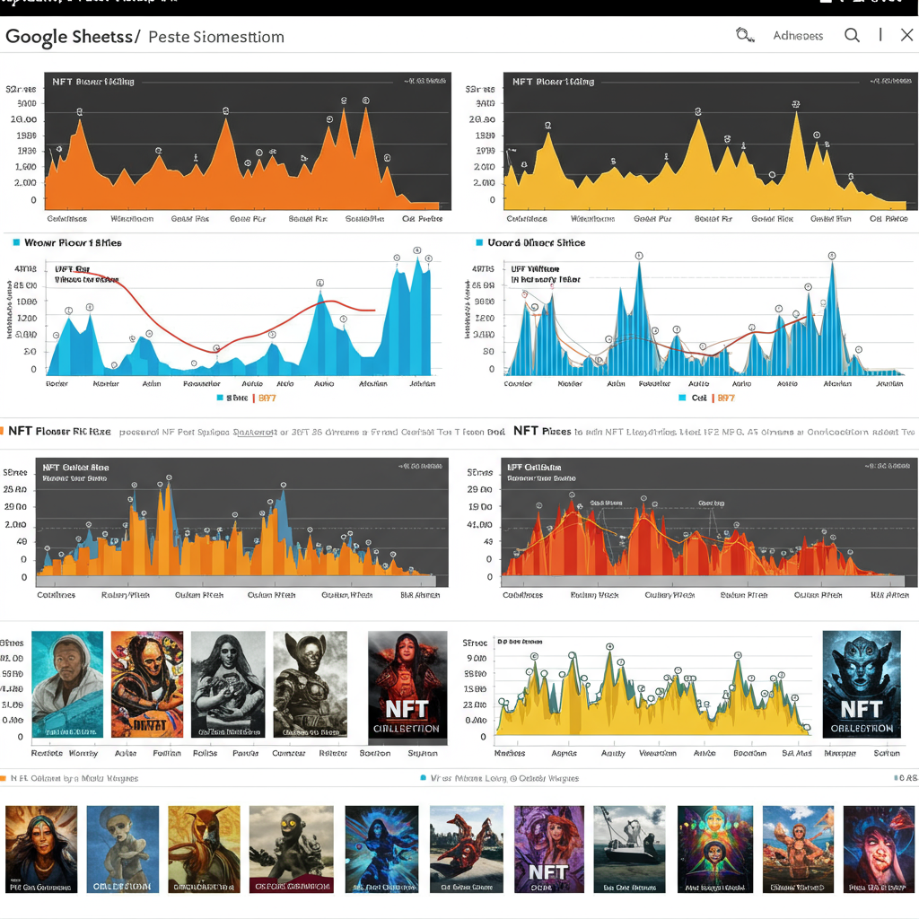 A colorful Google Sheets interface displaying fluctuating NFT floor prices, with dynamic g