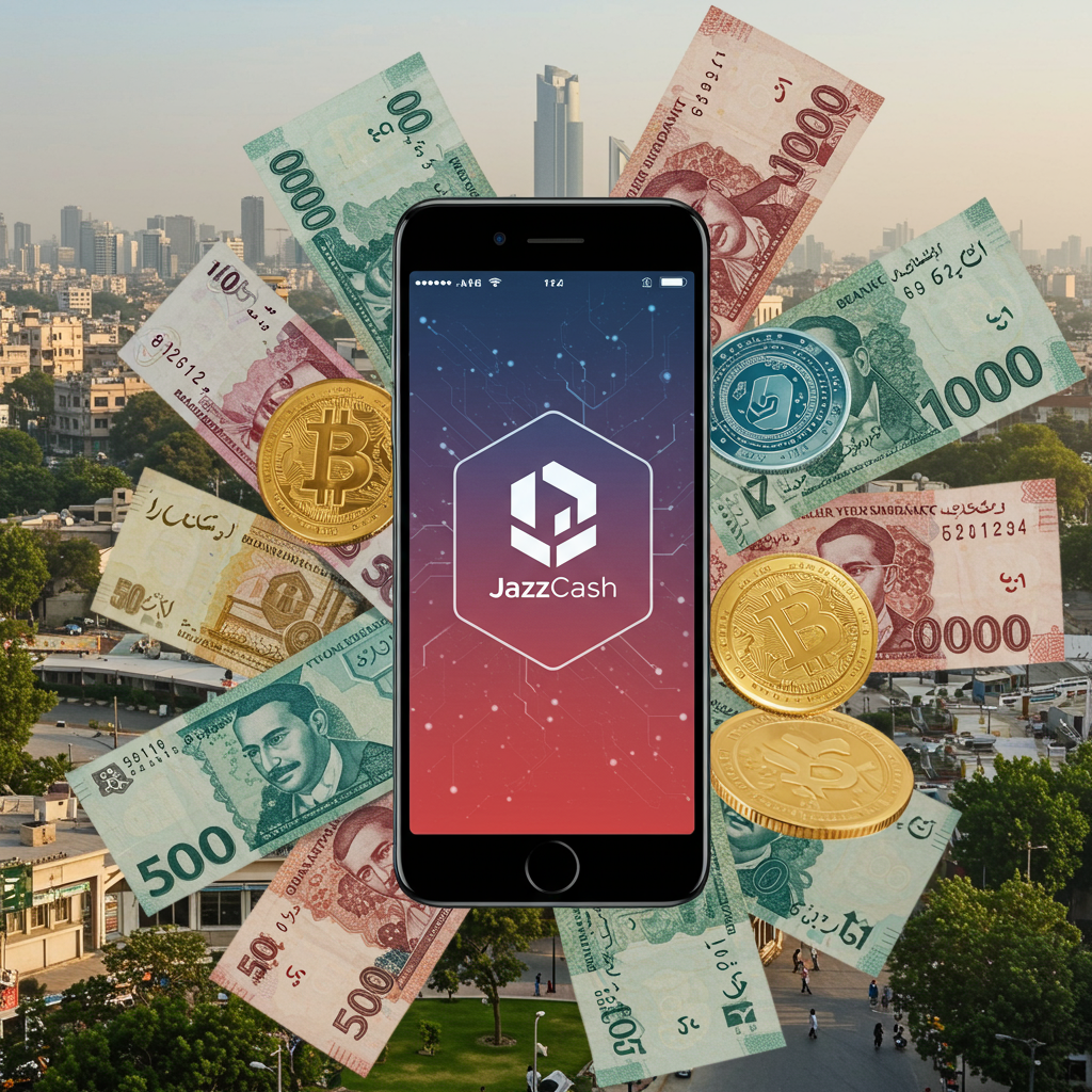 A smartphone displaying a crypto wallet app, with the JazzCash logo, surrounded by vibrant