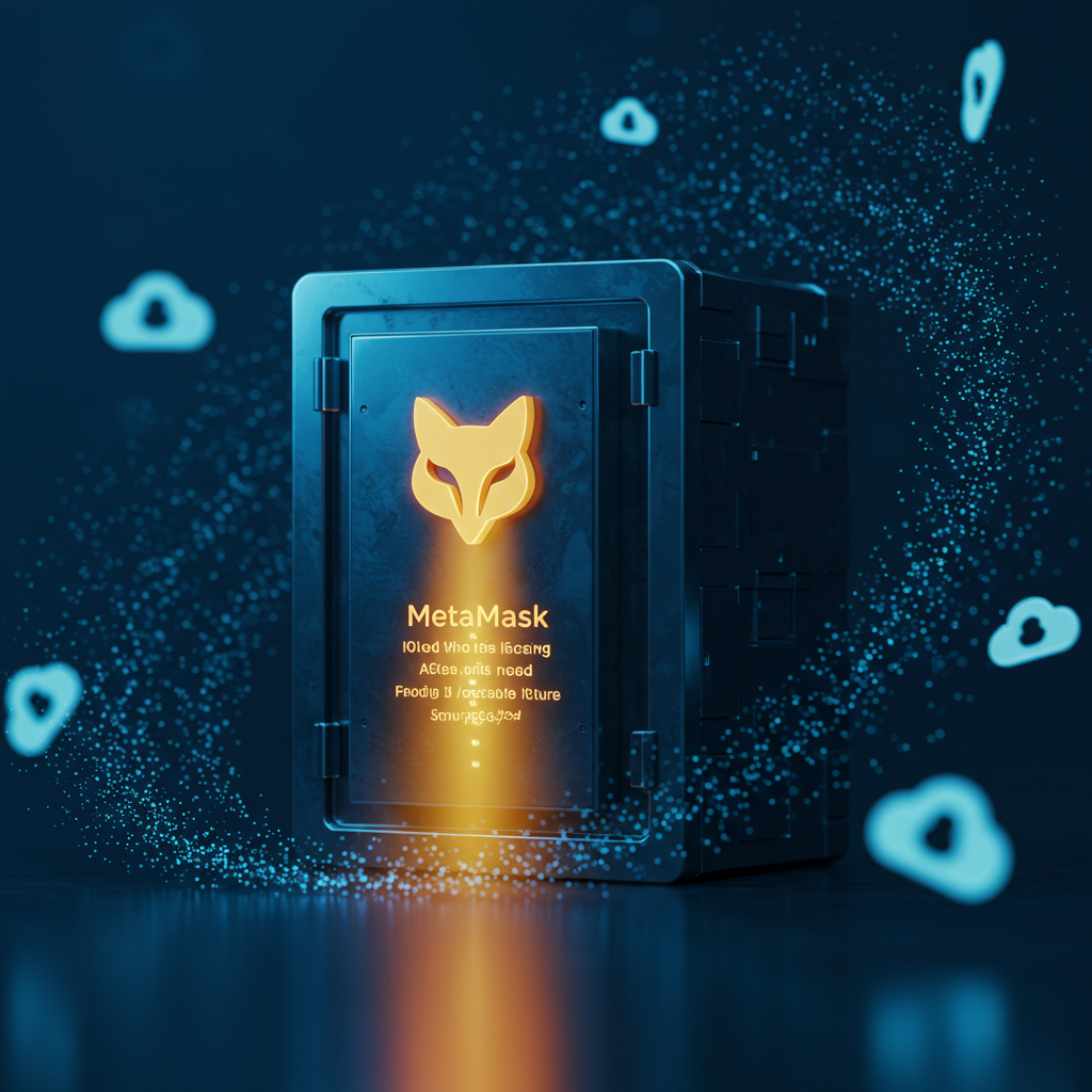 A digital vault with a glowing MetaMask logo, surrounded by floating iCloud icons, and a l