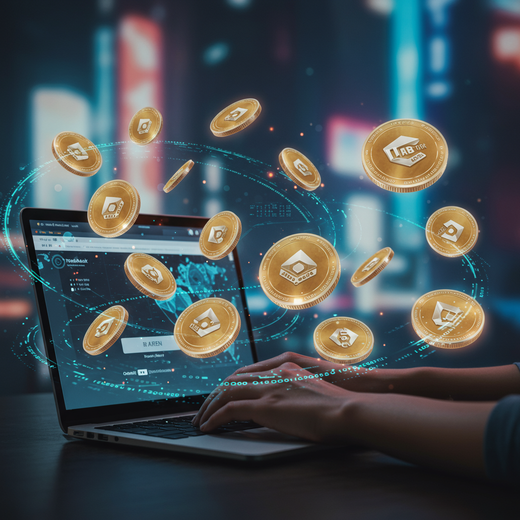 A digital scene featuring a person using a laptop with MetaMask open, surrounded by floati