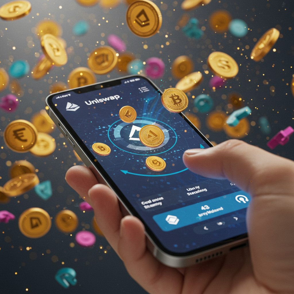 A smartphone displaying the Uniswap interface with colorful tokens swapping in a dynamic,