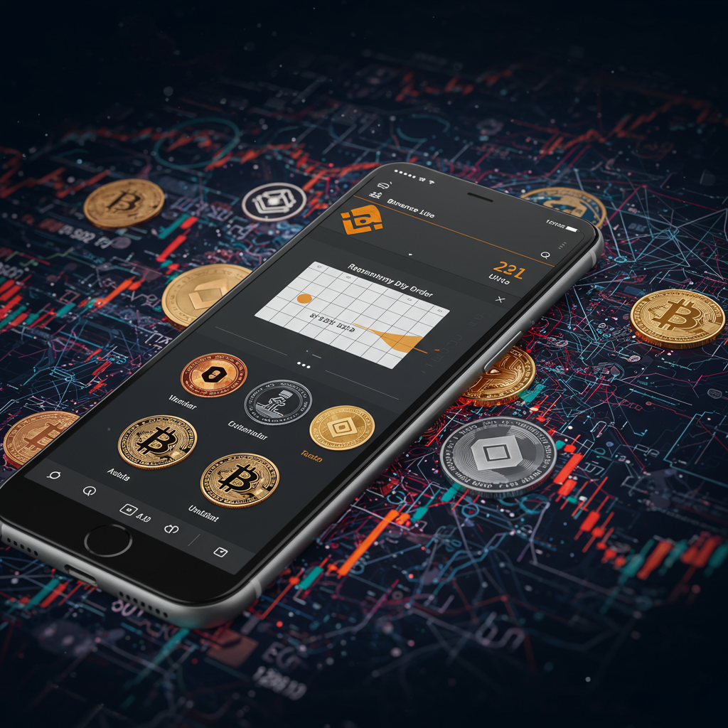 A smartphone screen displaying the Binance Lite app with a calendar, coins, and a recurrin