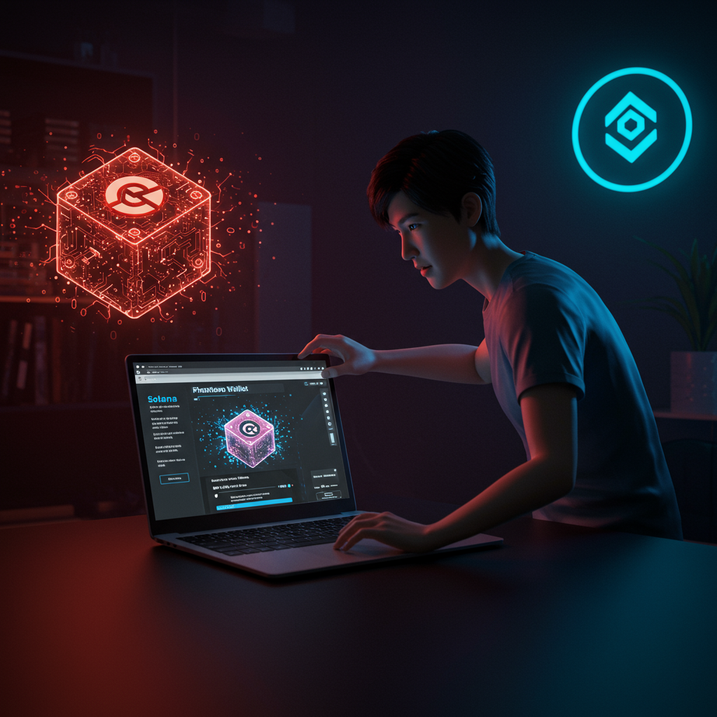 A sleek digital illustration of a person quickly setting up a Solana Phantom Wallet on a l