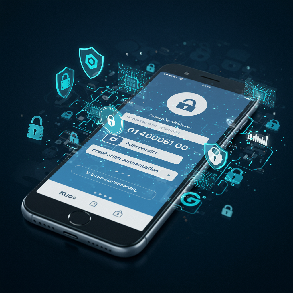A smartphone displaying the Google Authenticator app, surrounded by digital security symbo