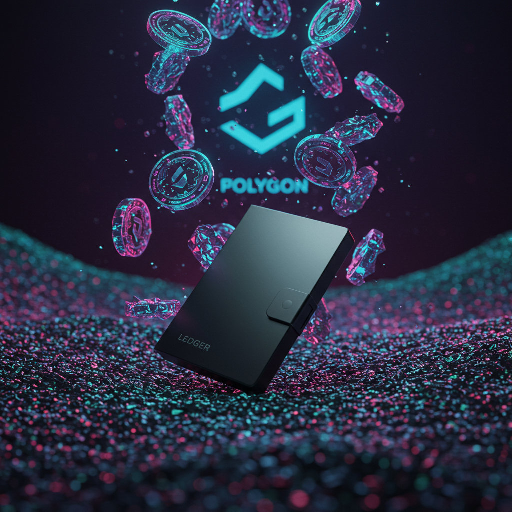 A sleek Ledger Nano wallet sits on a futuristic digital landscape, with vibrant MATIC toke