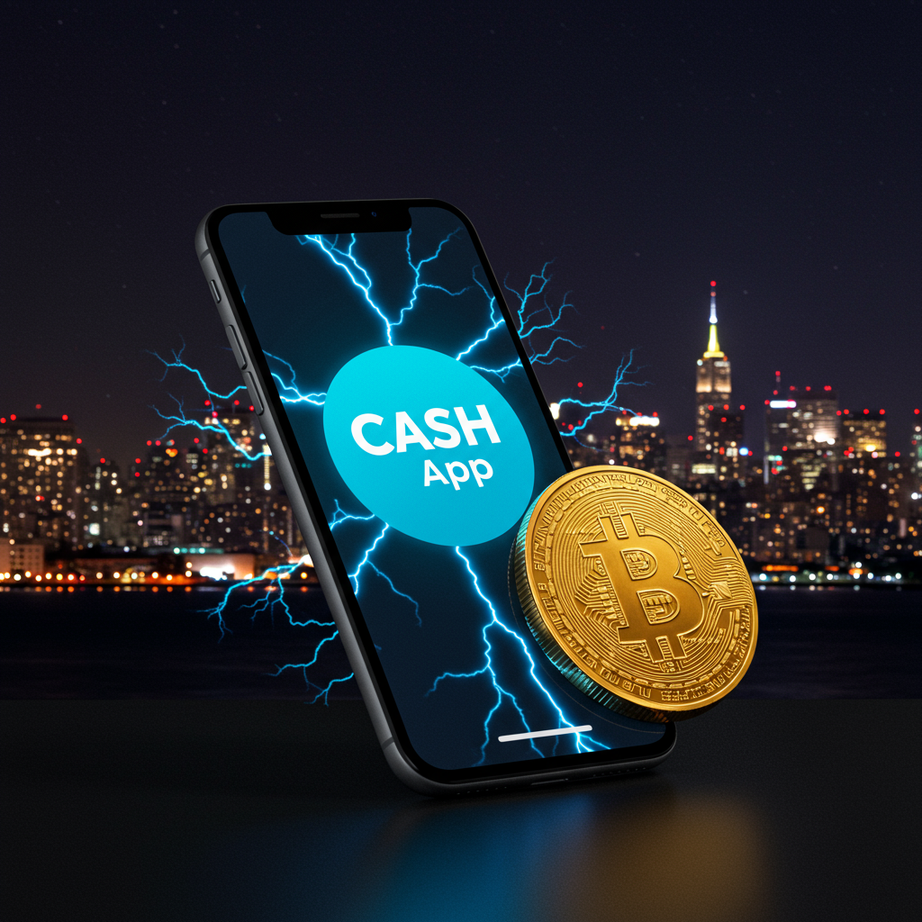 A smartphone with the Cash App logo, lightning bolts symbolizing speed, and a Bitcoin coin