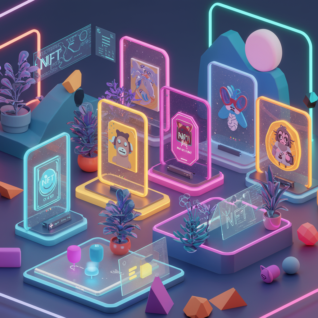 A vibrant digital art scene showcasing diverse NFTs on a virtual marketplace, with colorfu
